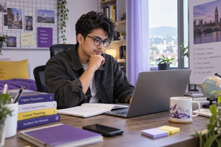 Young Nepali man with glasses comparing UK university courses and intake options using a laptop and notebook for UK study planning.