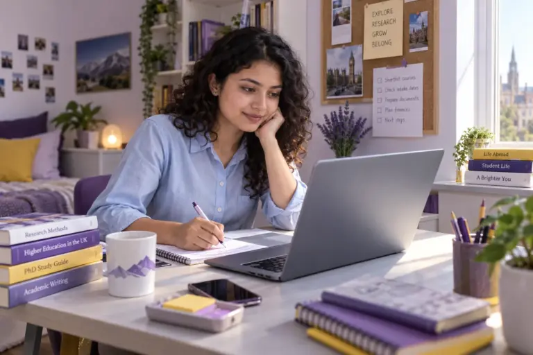 Young Nepali woman with curly hair comparing UK university courses and intake options using a laptop and notebook for UK study planning.