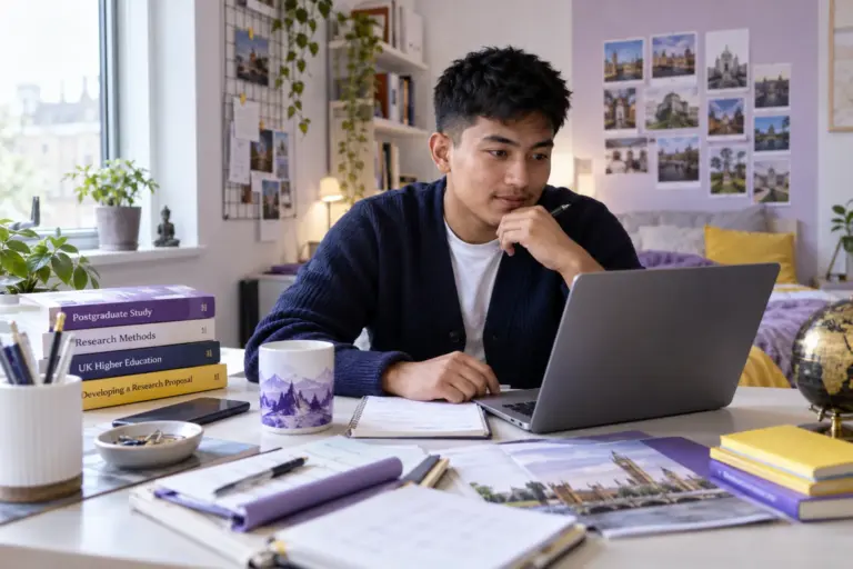 Young Nepali man with cropped hair comparing UK university courses and intake options using a laptop and notebook for UK study planning.