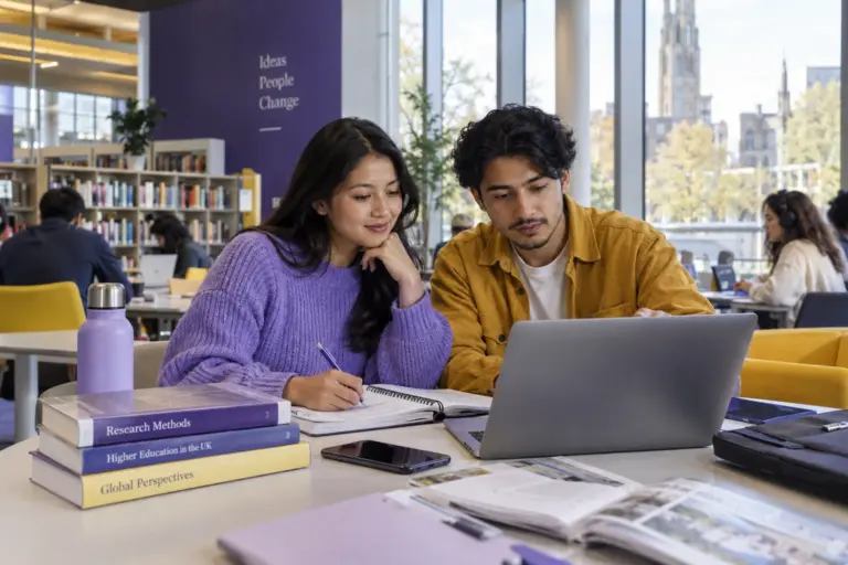 Two Nepali students, one woman and one man comparing UK university courses and intake options using a laptop and notebook for UK study planning.