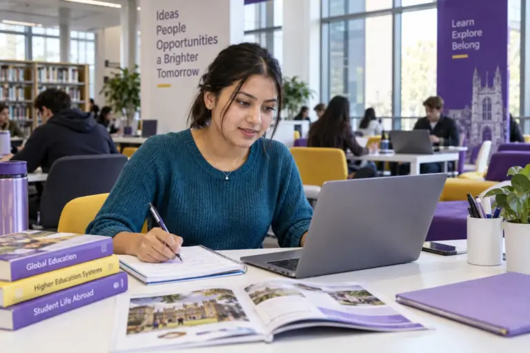 Young Nepali woman with tied-back hair comparing UK university courses and intake options using a laptop and notebook for UK study planning.