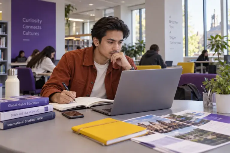 Young Nepali man with swept-back hair comparing UK university courses and intake options using a laptop and notebook for UK study planning.