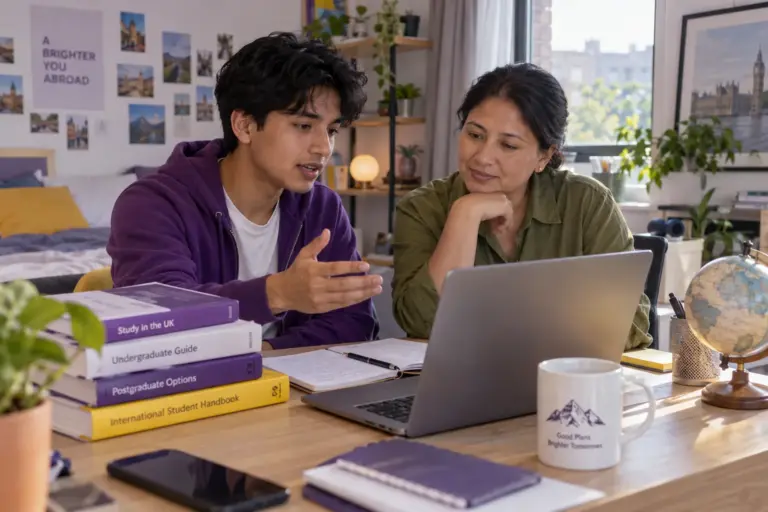 Nepali student discussing plans with a parent comparing UK university courses and intake options using a laptop and notebook for UK study planning.