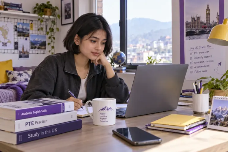 Young Nepali woman with a short bob practising English writing or reading on a laptop beside study books, as preparation for UK university study for UK study planning.