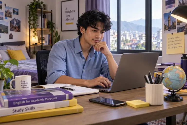 Young Nepali man with wavy hair practising English writing or reading on a laptop beside study books, as preparation for UK university study for UK study planning.
