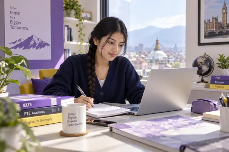 Young Nepali woman with a long braid practising English writing or reading on a laptop beside study books, as preparation for UK university study for UK study planning.