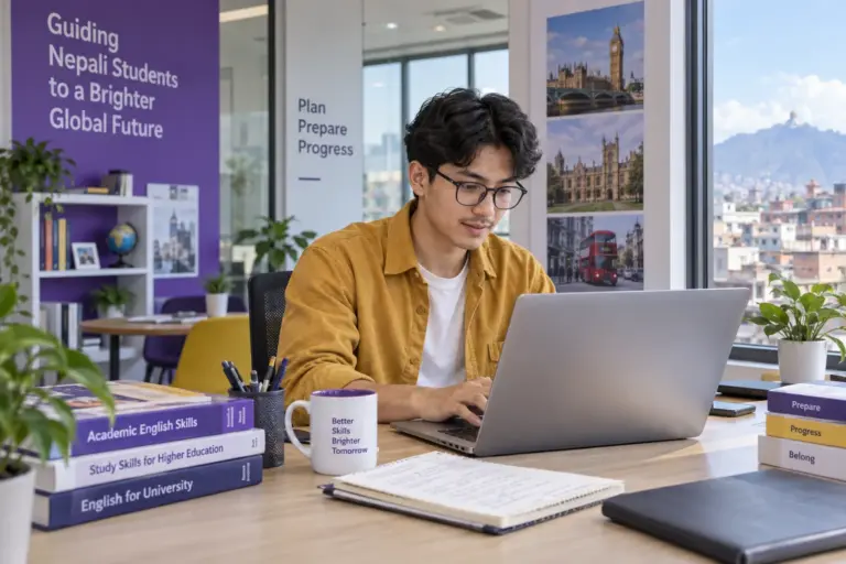 Young Nepali man with glasses practising English writing or reading on a laptop beside study books, as preparation for UK university study for UK study planning.