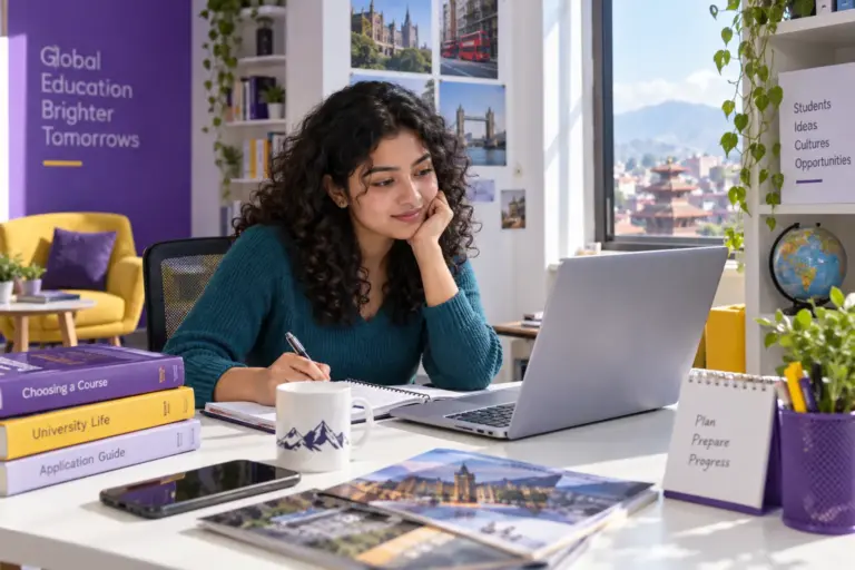 Young Nepali woman with curly hair comparing UK university courses and intake options using a laptop and notebook for UK study planning.