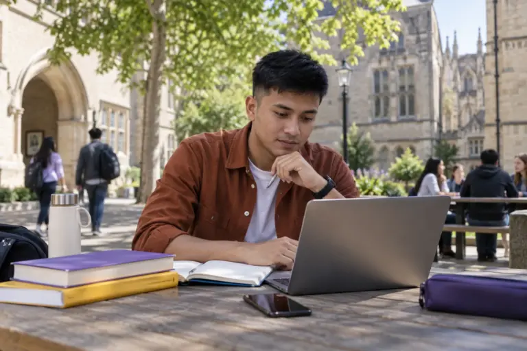 Young Nepali man with cropped hair comparing UK university courses and intake options using a laptop and notebook for UK study planning.