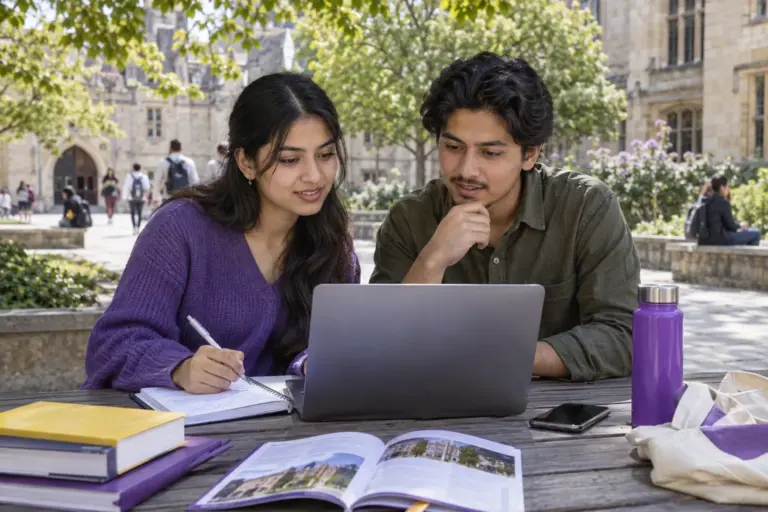 Two Nepali students, one woman and one man comparing UK university courses and intake options using a laptop and notebook for UK study planning.