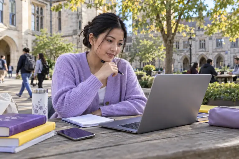 Young Nepali woman with tied-back hair comparing UK university courses and intake options using a laptop and notebook for UK study planning.