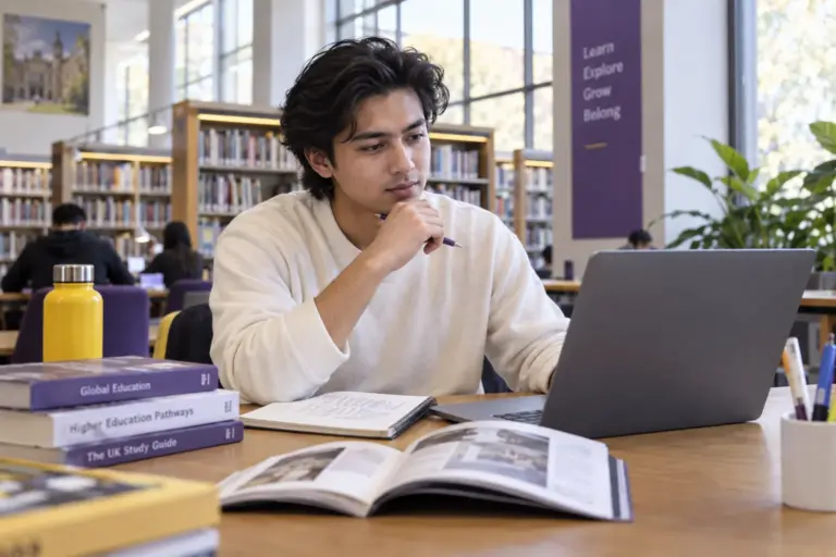 Young Nepali man with swept-back hair comparing UK university courses and intake options using a laptop and notebook for UK study planning.