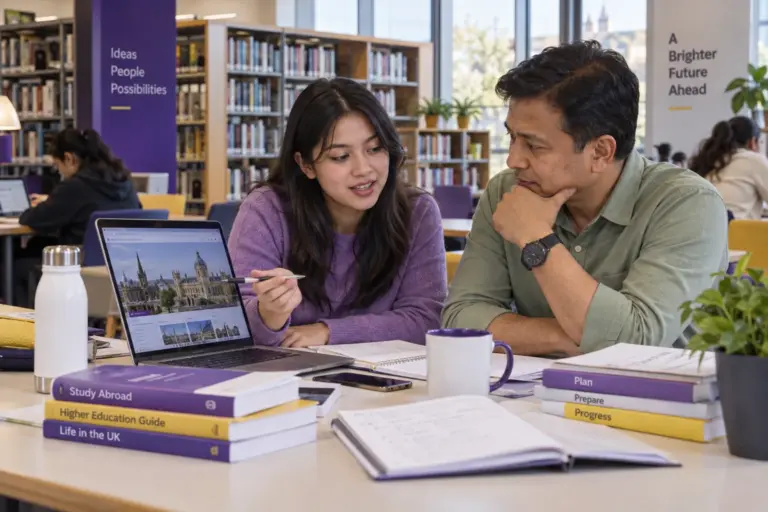 Nepali student discussing plans with a parent practising English writing or reading on a laptop beside study books, as preparation for UK university study for UK study planning.