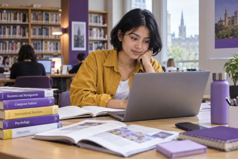 Young Nepali woman with a short bob comparing UK university courses and intake options using a laptop and notebook for UK study planning.