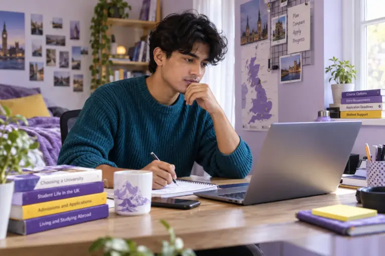 Young Nepali man with wavy hair comparing UK university courses and intake options using a laptop and notebook for UK study planning.