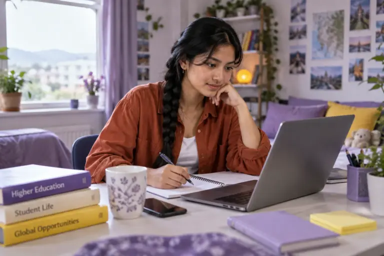Young Nepali woman with a long braid comparing UK university courses and intake options using a laptop and notebook for UK study planning.