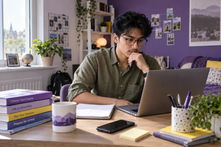 Young Nepali man with glasses comparing UK university courses and intake options using a laptop and notebook for UK study planning.