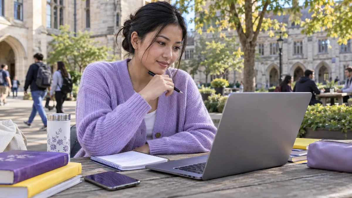 Student in a lavender cardigan working on a laptop at a shaded outdoor study table.