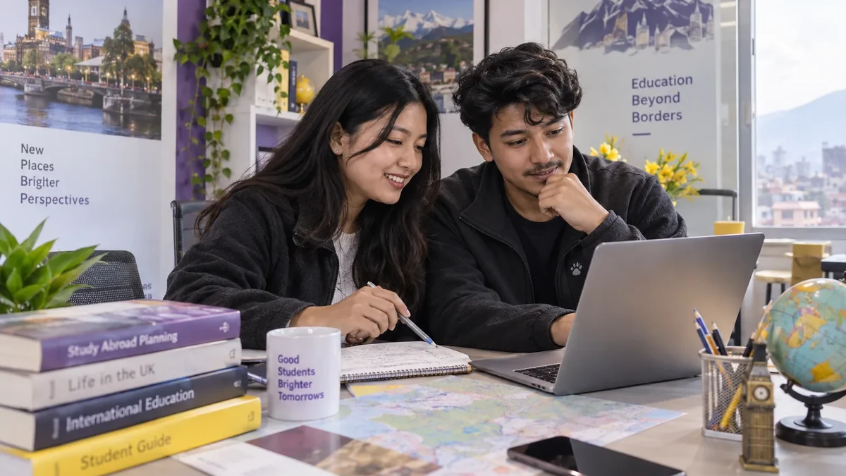 Two students discussing study plans at a laptop with university brochures and a globe nearby.