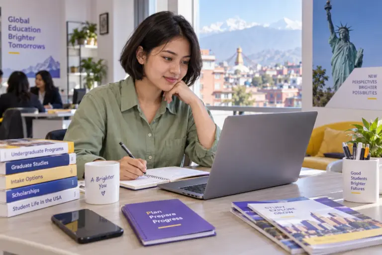 Young Nepali woman with a short bob comparing US university courses and intake options using a laptop and notebook
