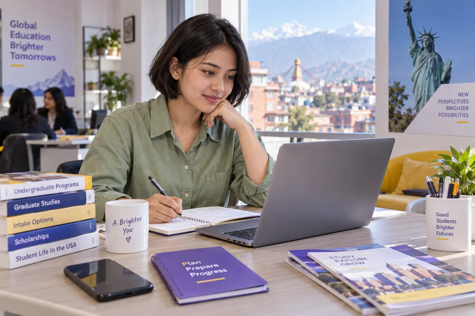 Young Nepali woman with a short bob comparing US university courses and intake options using a laptop and notebook