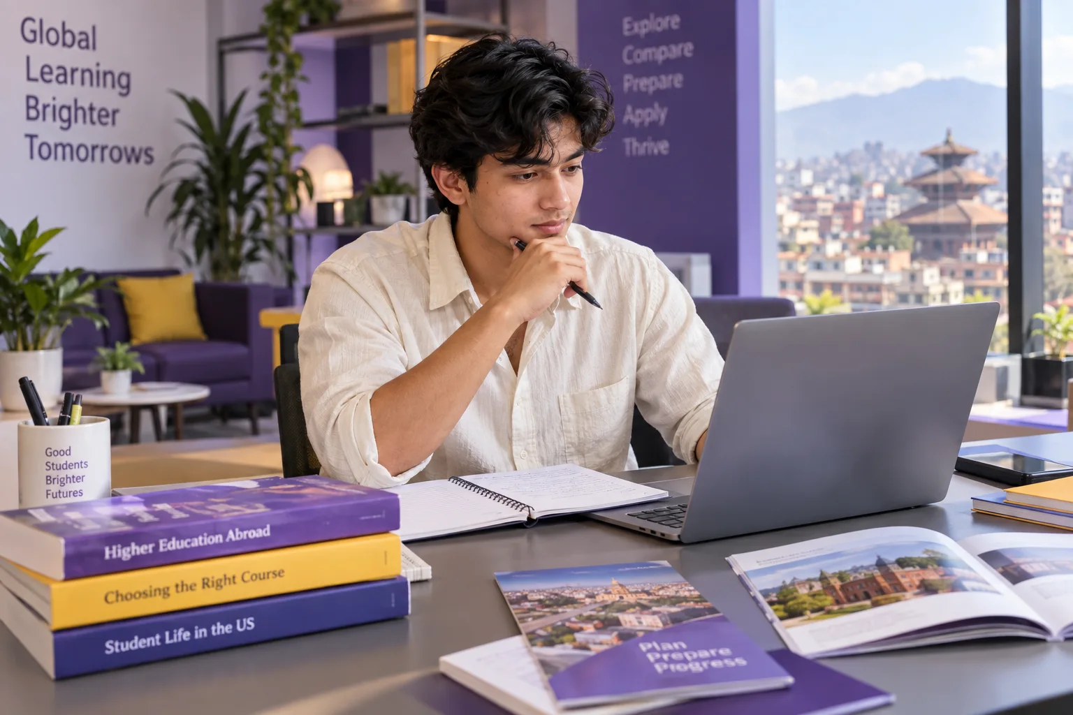 Young Nepali man with wavy hair comparing US university courses and intake options using a laptop and notebook