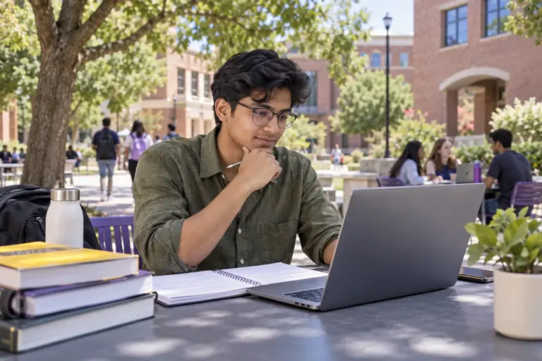 Young Nepali man with glasses comparing US university courses and intake options using a laptop and notebook