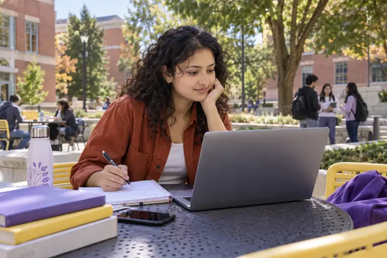 Young Nepali woman with curly hair comparing US university courses and intake options using a laptop and notebook
