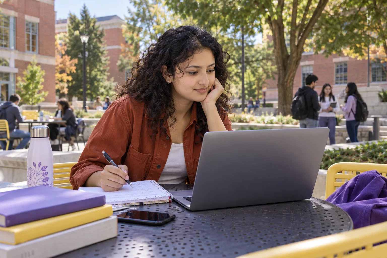 Young Nepali woman with curly hair comparing US university courses and intake options using a laptop and notebook