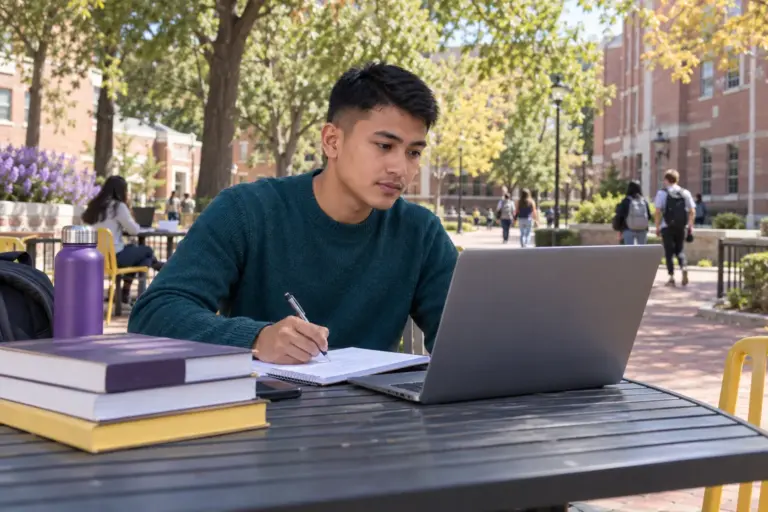 Young Nepali man with cropped hair practising English writing or reading on a laptop beside study books, as preparation for US university study