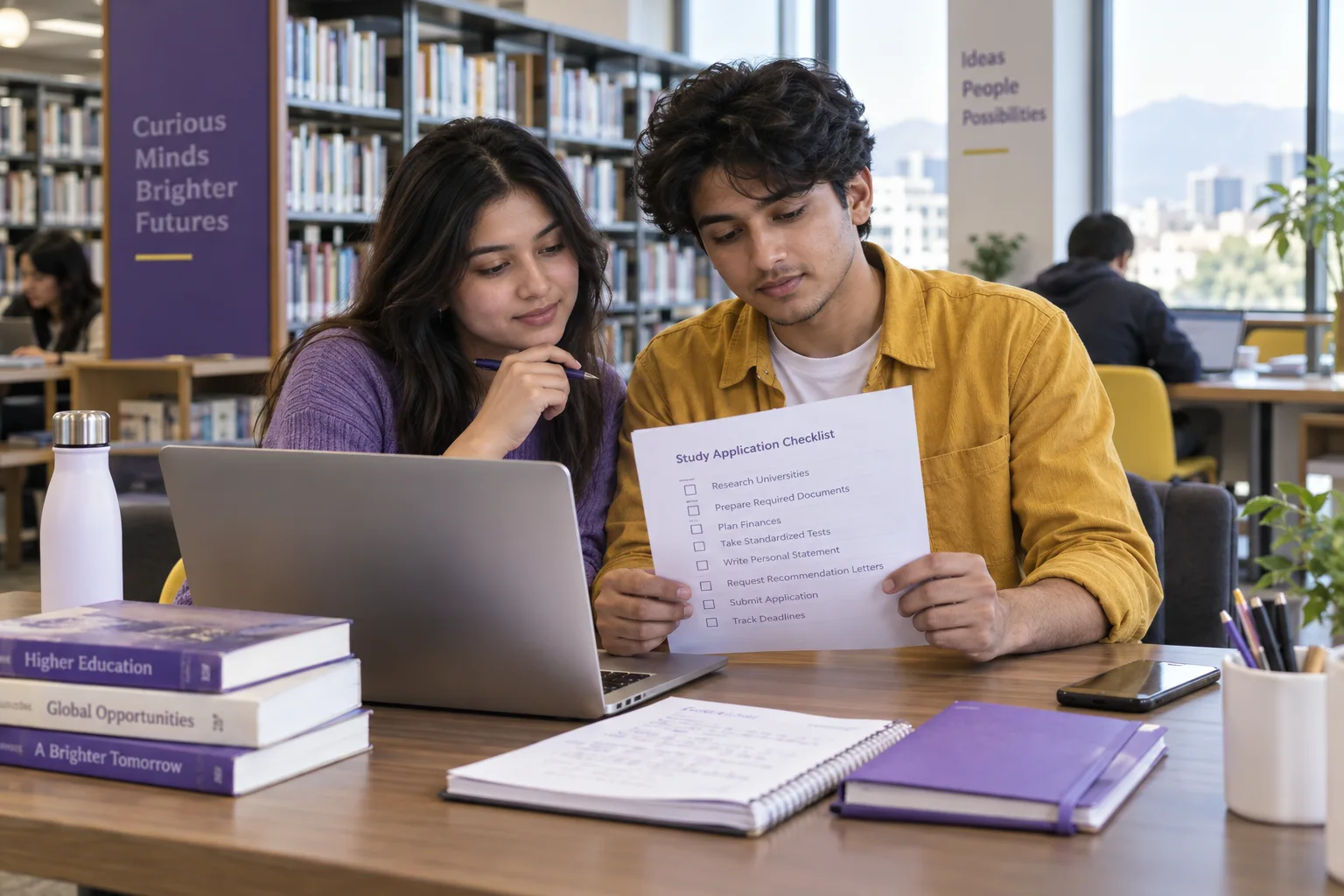Two Nepali students, one woman and one man reviewing an unbranded study application document checklist with a laptop