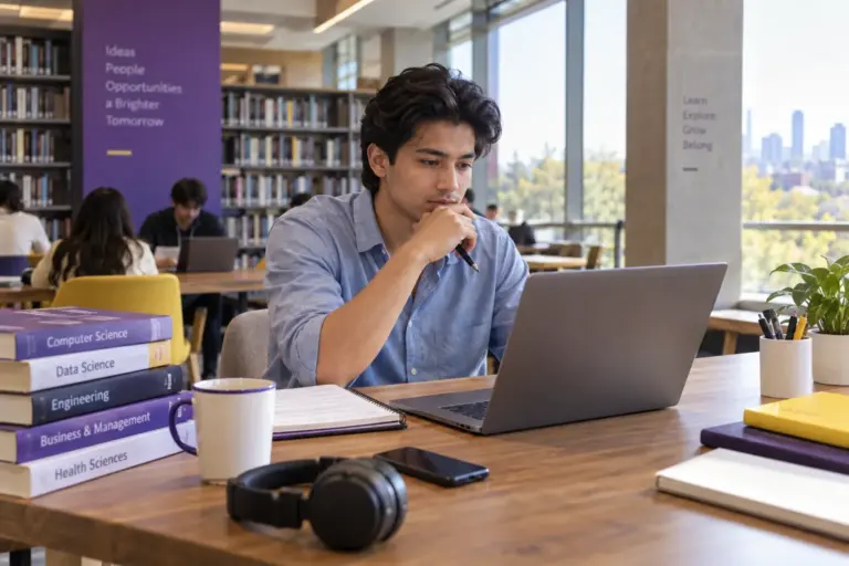 Young Nepali man with swept-back hair comparing US university courses and intake options using a laptop and notebook