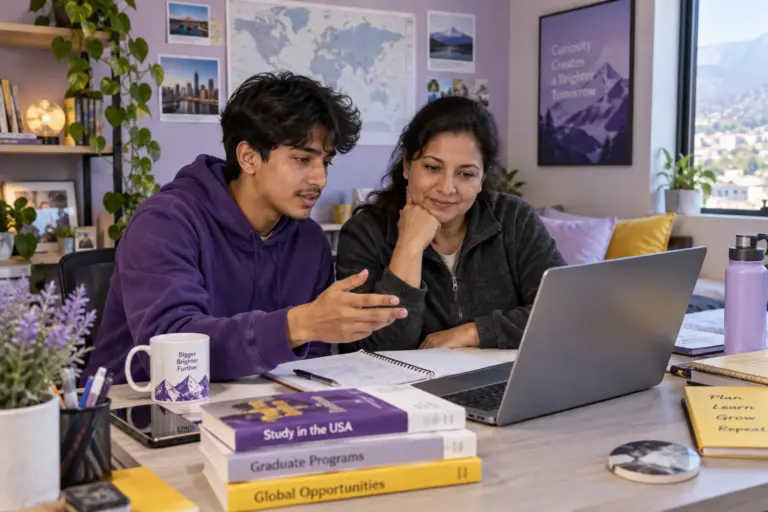 Nepali student discussing plans with a parent comparing US university courses and intake options using a laptop and notebook