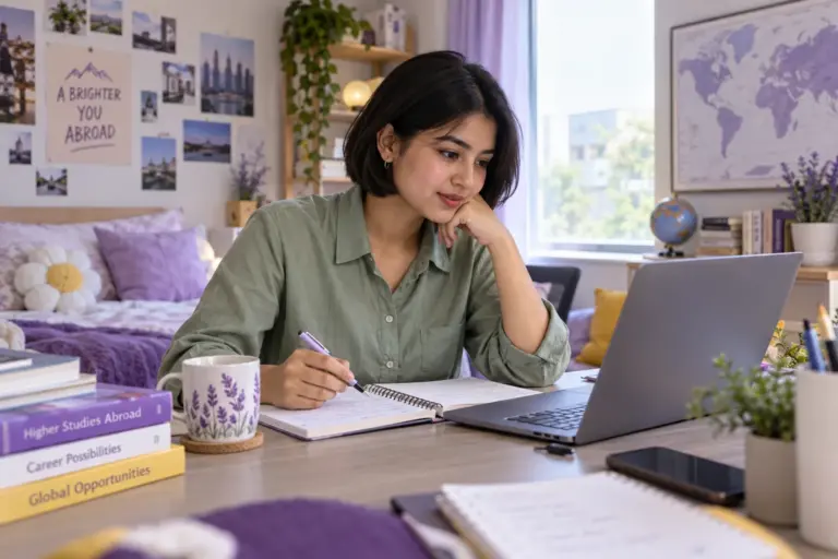 Young Nepali woman with a short bob comparing US university courses and intake options using a laptop and notebook