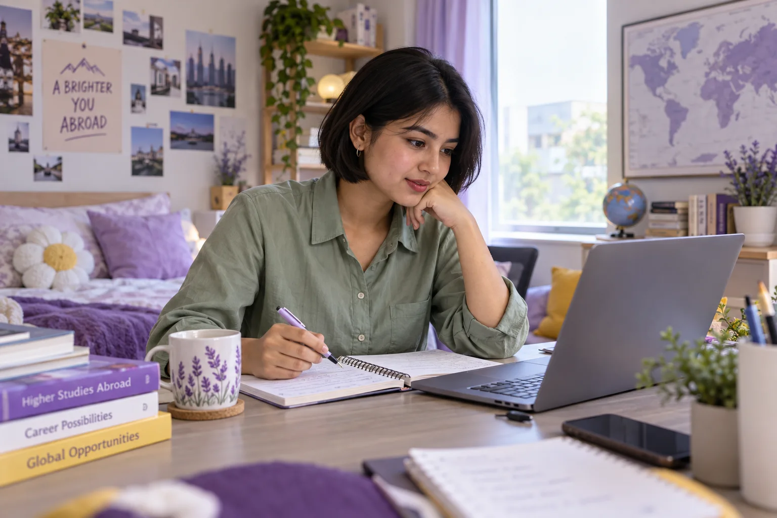 Young Nepali woman with a short bob comparing US university courses and intake options using a laptop and notebook