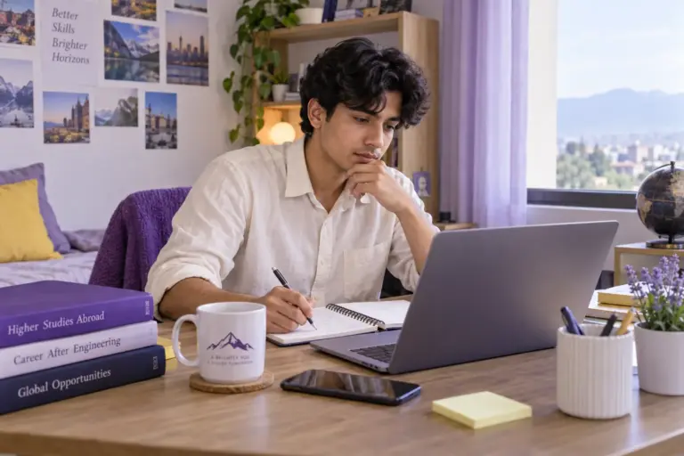 Young Nepali man with wavy hair comparing US university courses and intake options using a laptop and notebook