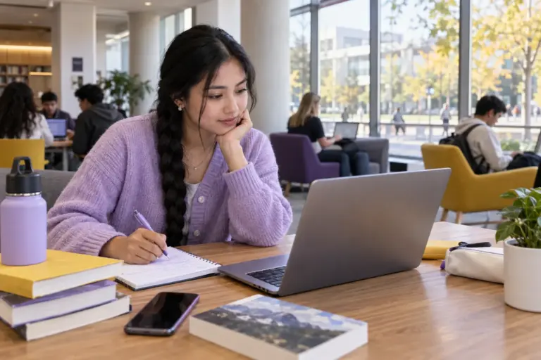 Young Nepali woman with a long braid comparing US university courses and intake options using a laptop and notebook