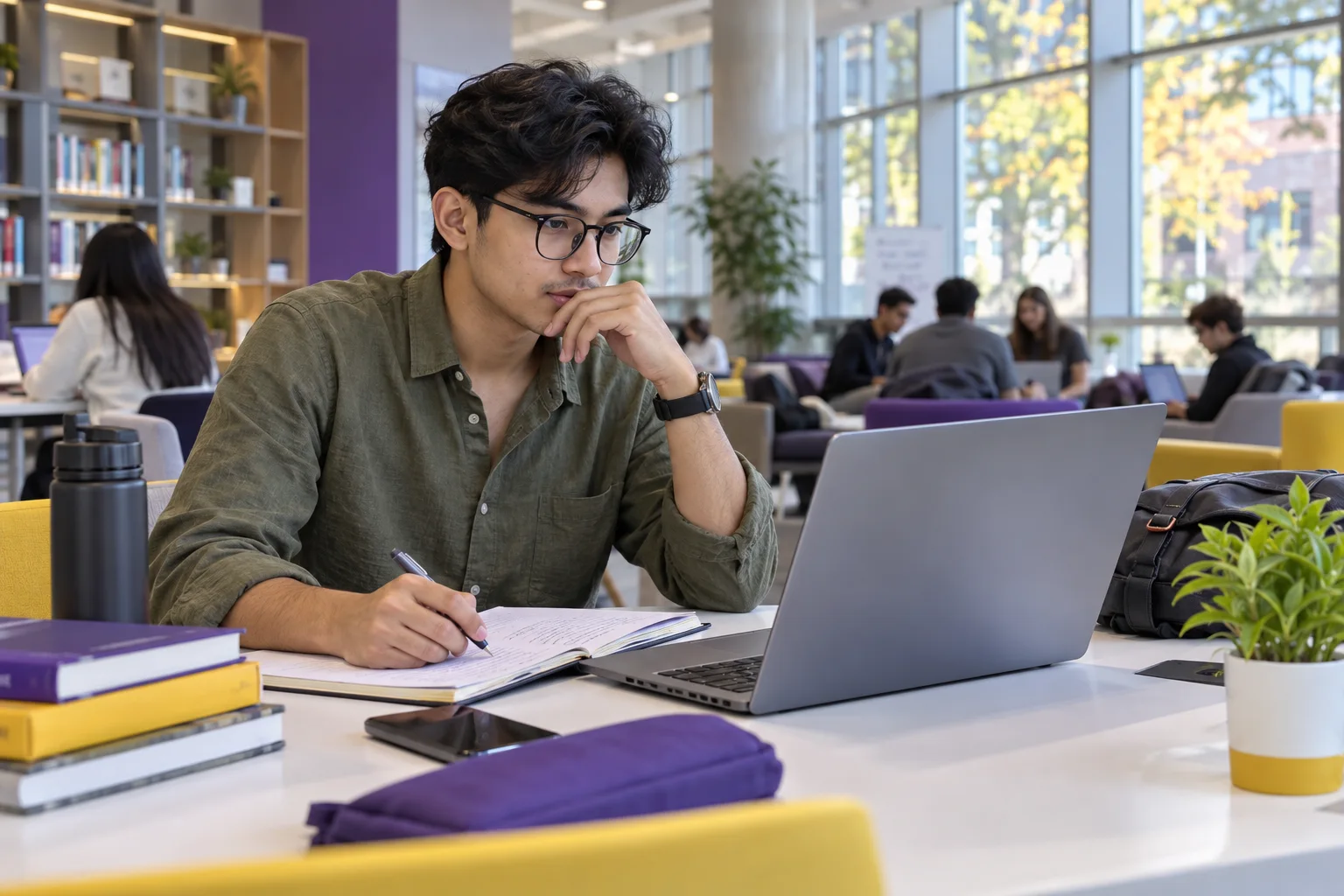 Young Nepali man with glasses comparing US university courses and intake options using a laptop and notebook