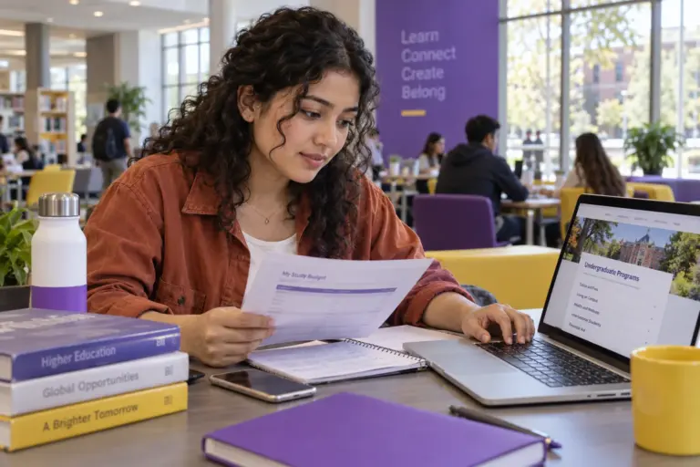 Young Nepali woman with curly hair comparing a personal study budget worksheet and university tuition information on a laptop