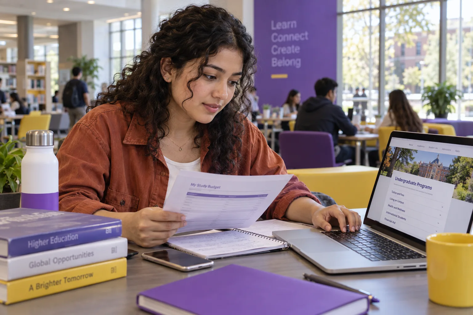 Young Nepali woman with curly hair comparing a personal study budget worksheet and university tuition information on a laptop