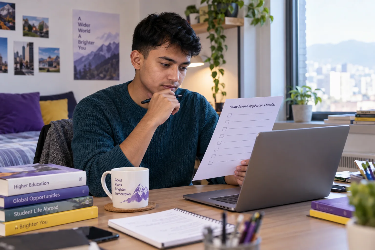 Young Nepali man with cropped hair reviewing an unbranded study application document checklist with a laptop