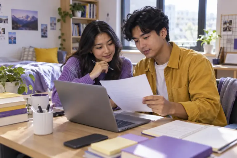 Two Nepali students, one woman and one man reviewing an unbranded study application document checklist with a laptop
