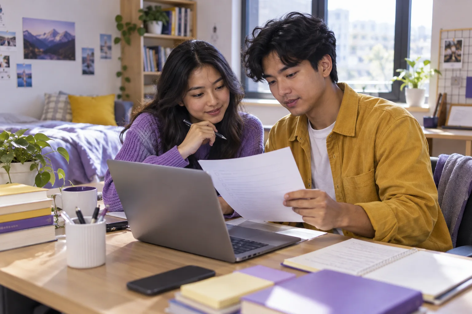 Two Nepali students, one woman and one man reviewing an unbranded study application document checklist with a laptop
