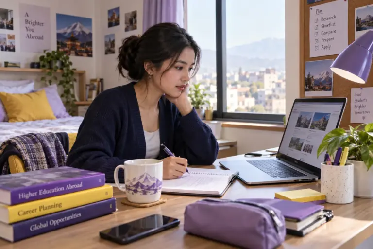 Young Nepali woman with tied-back hair comparing US university courses and intake options using a laptop and notebook