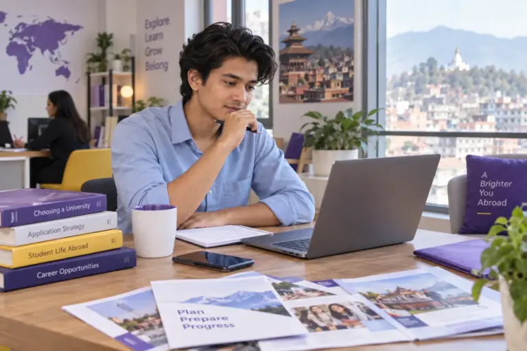 Young Nepali man with swept-back hair comparing US university courses and intake options using a laptop and notebook