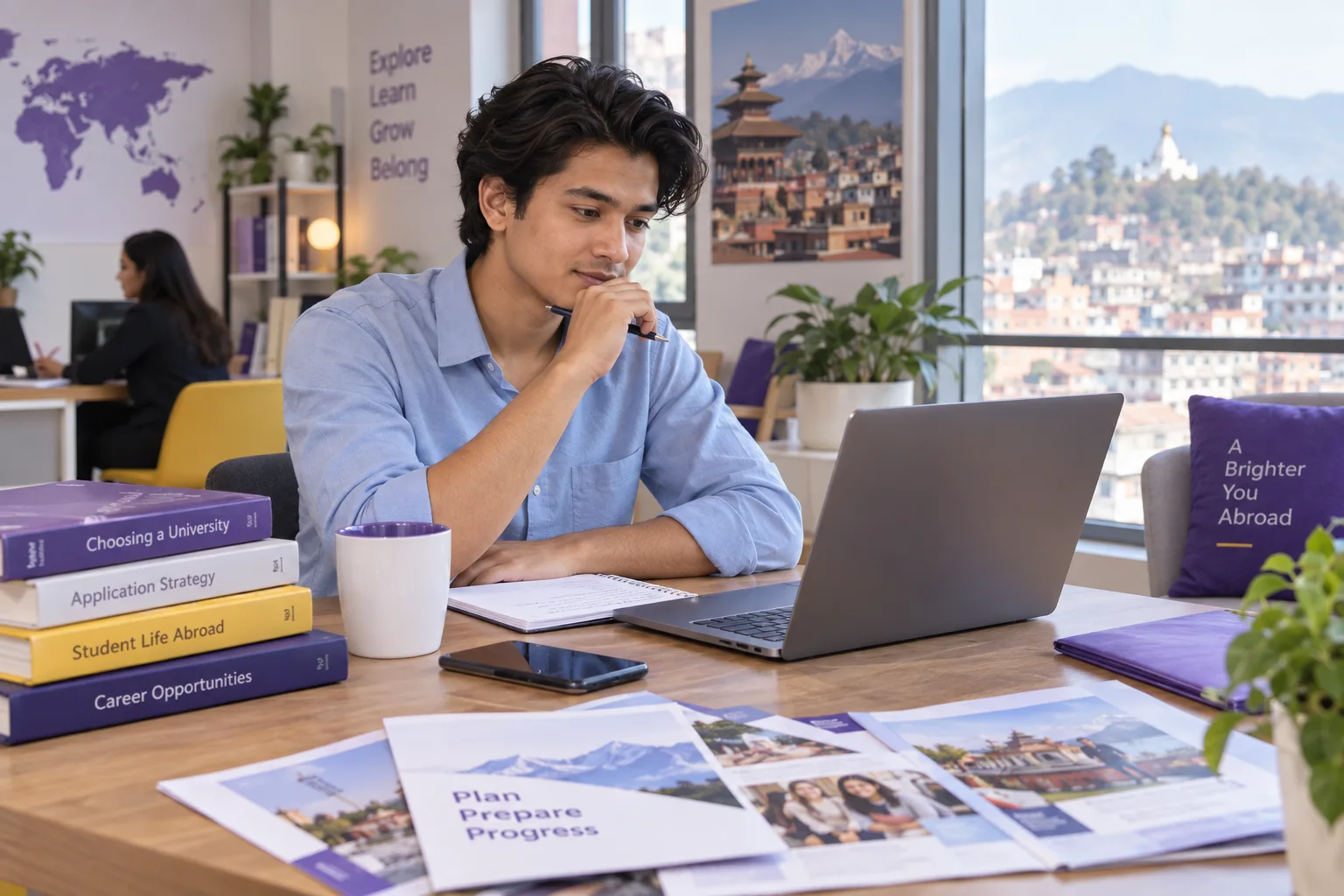 Young Nepali man with swept-back hair comparing US university courses and intake options using a laptop and notebook