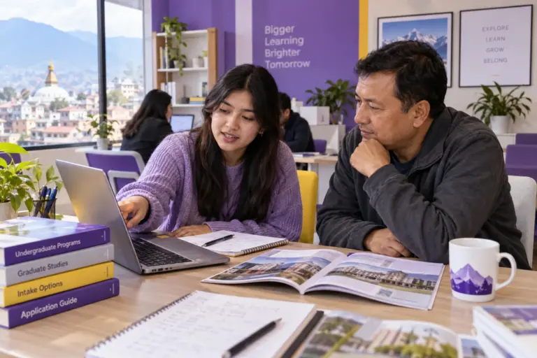 Nepali student discussing plans with a parent comparing US university courses and intake options using a laptop and notebook