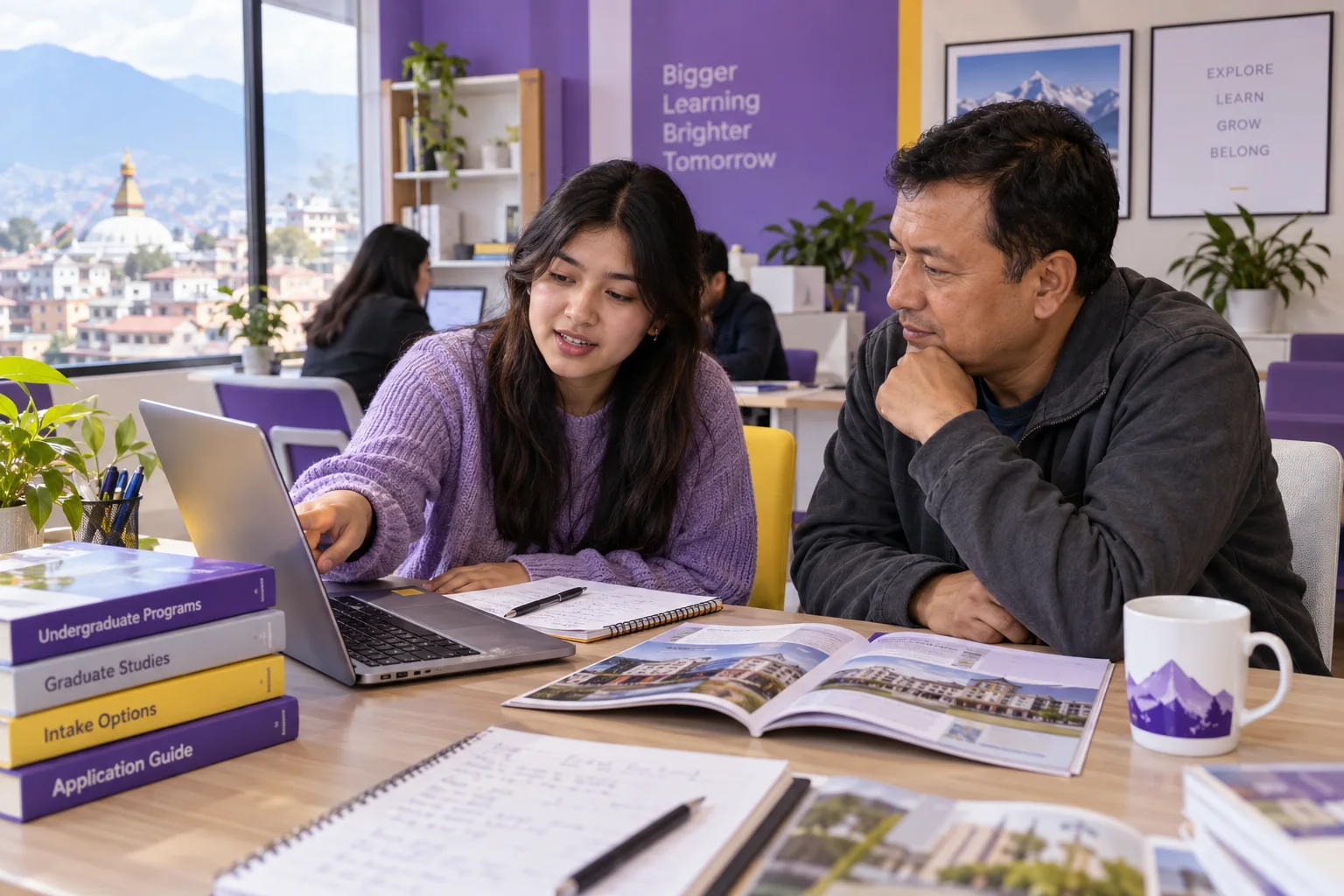 Nepali student discussing plans with a parent comparing US university courses and intake options using a laptop and notebook