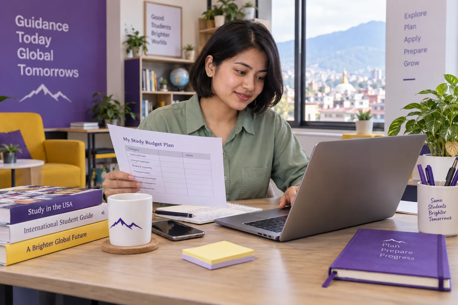 Young Nepali woman with a short bob comparing a personal study budget worksheet and university tuition information on a laptop