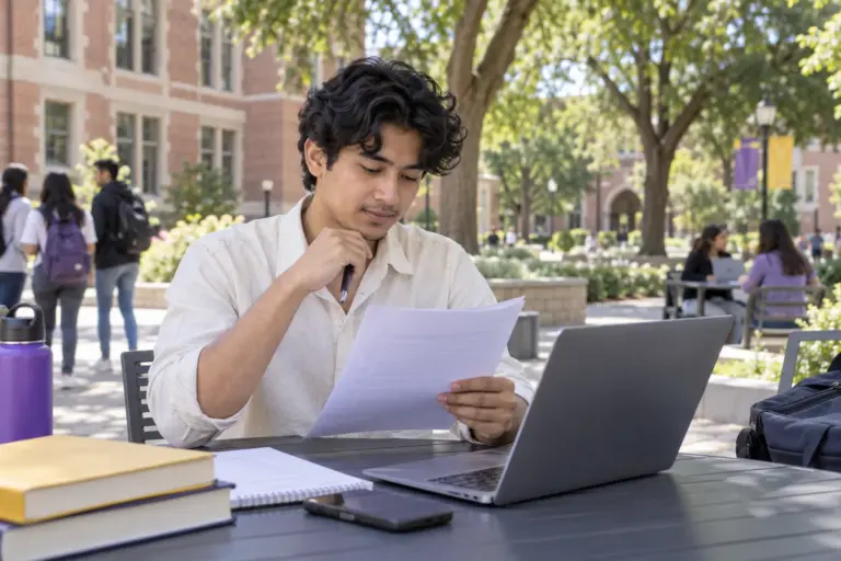Young Nepali man with wavy hair reviewing an unbranded study application document checklist with a laptop